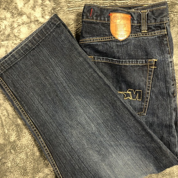 Mecca Baggy Jeans Mens 40x34 Dark Indigo Blue Embroidered Star Logo Streetwear - Picture 2 of 9